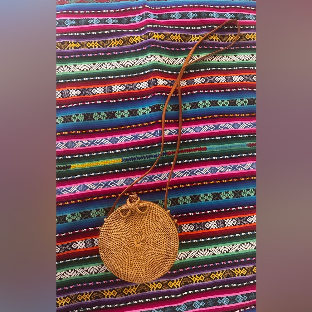 Vintage Rattan Purse with leather strap - small incredibly detailed bag